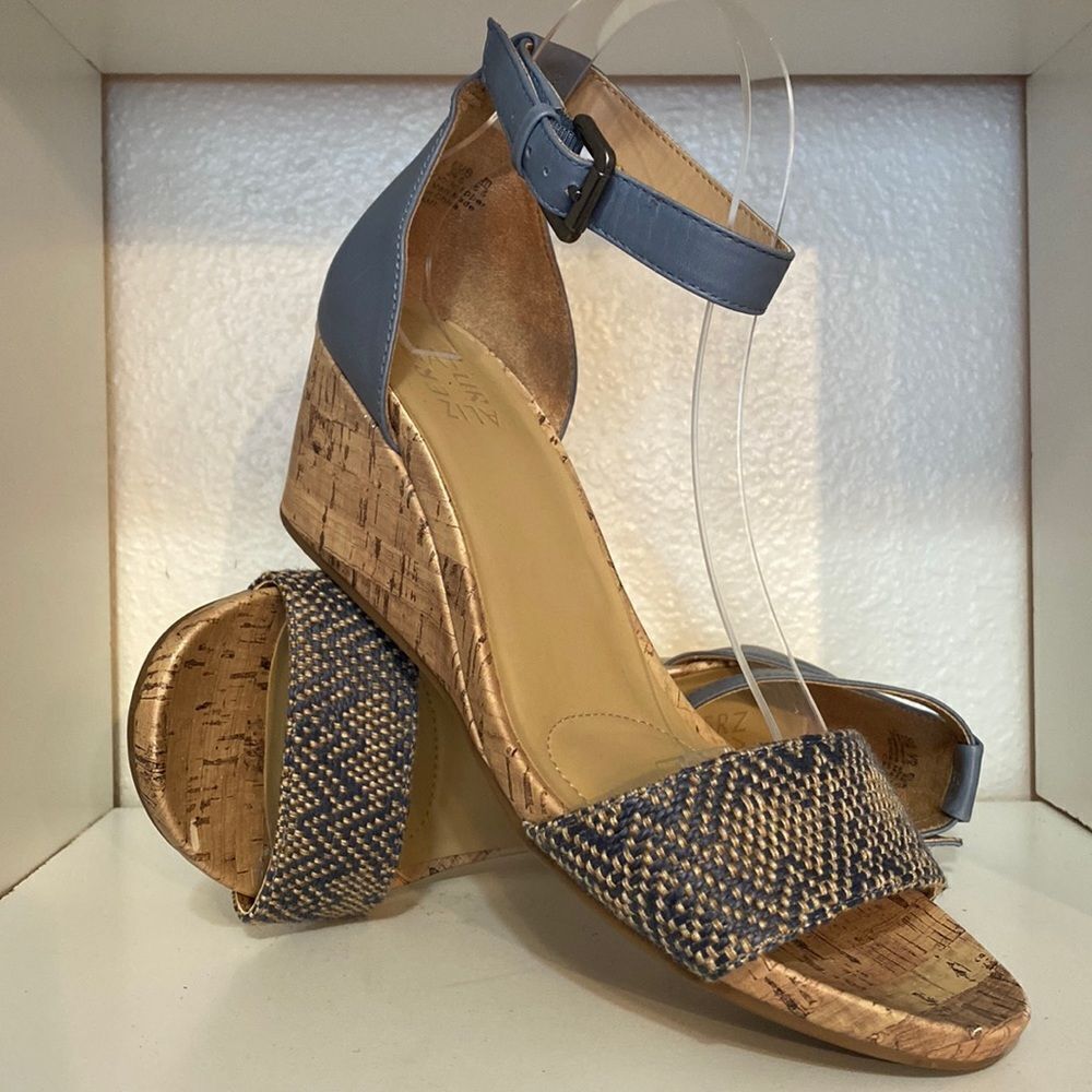 Naturalizer Cami Womens Cork Wedge Leather Blue Ankle Strap Sandals